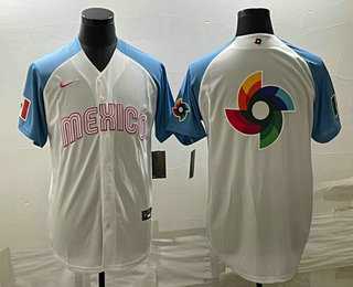 Mens Mexico Baseball Big Logo 2023 White Blue World Classic Stitched Jersey2
